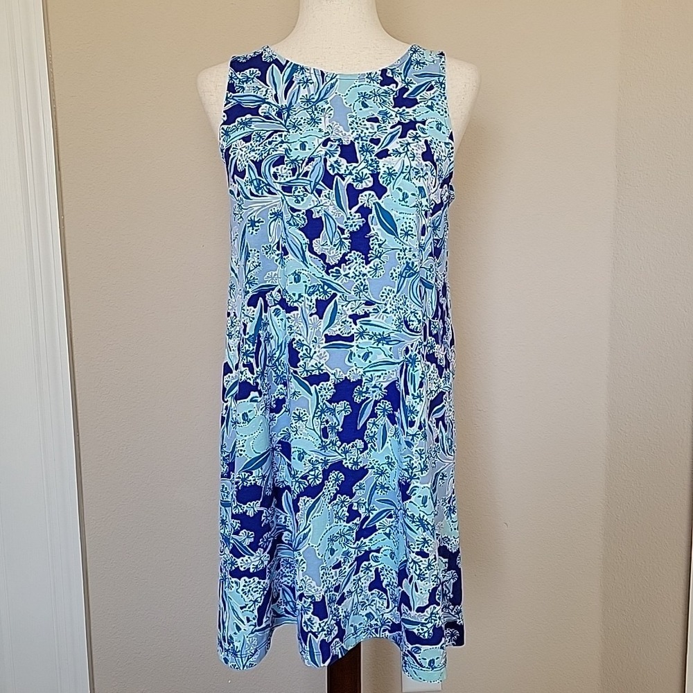 LILLY PULITZER Kristen Swing Dress Sz M Koala Razor Strap Back Blue Pima Cotton
